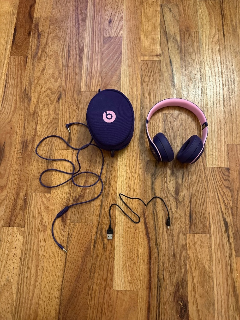 Beats Solo3 Wireless Headphones Pink & Purple with Case + Charging & Aux Cables